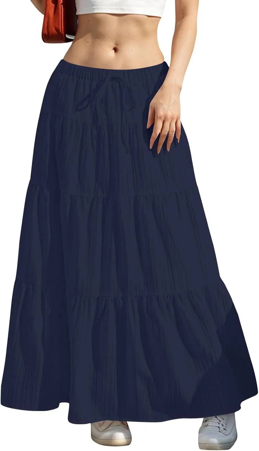 High Waist Tiered Skirts for Women Casual Dressy Drawstring Flowy Skirts Summer Beach Fashion Trendy Long Skirt