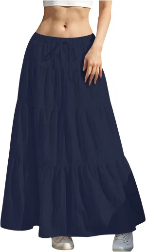 High Waist Tiered Skirts for Women Casual Dressy Drawstring Flowy Skirts Summer Beach Fashion Trendy Long Skirt