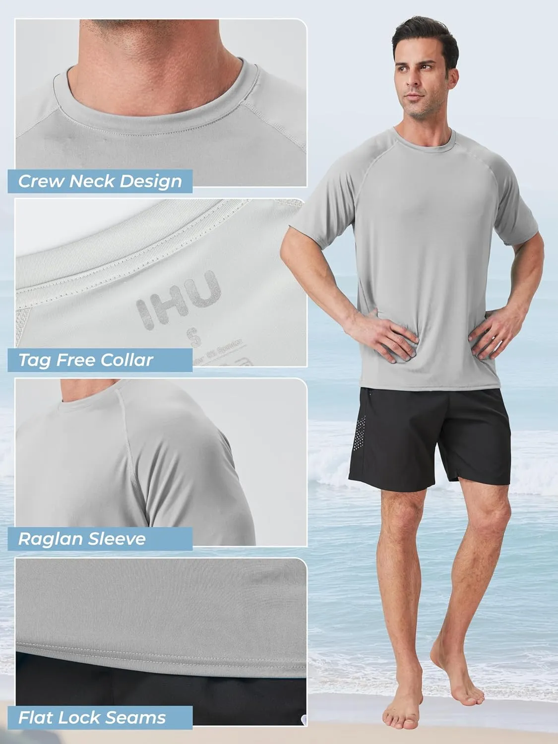 IHU 4 Pack Men's Rash Guard Swim Shirts Short Sleeve Sun Protection Fishing Shirts UPF 50  Dry Fit Hiking Rashguard Shirt