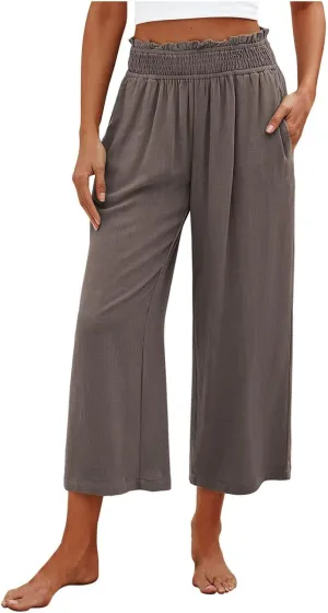 JOAU Womens Linen Pants Smocked Elastic High Waist Wide Leg Capris Pants Summer Casual Loose Beach Crop Trousers with Pockets