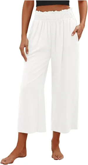 JOAU Womens Linen Pants Smocked Elastic High Waist Wide Leg Capris Pants Summer Casual Loose Beach Crop Trousers with Pockets