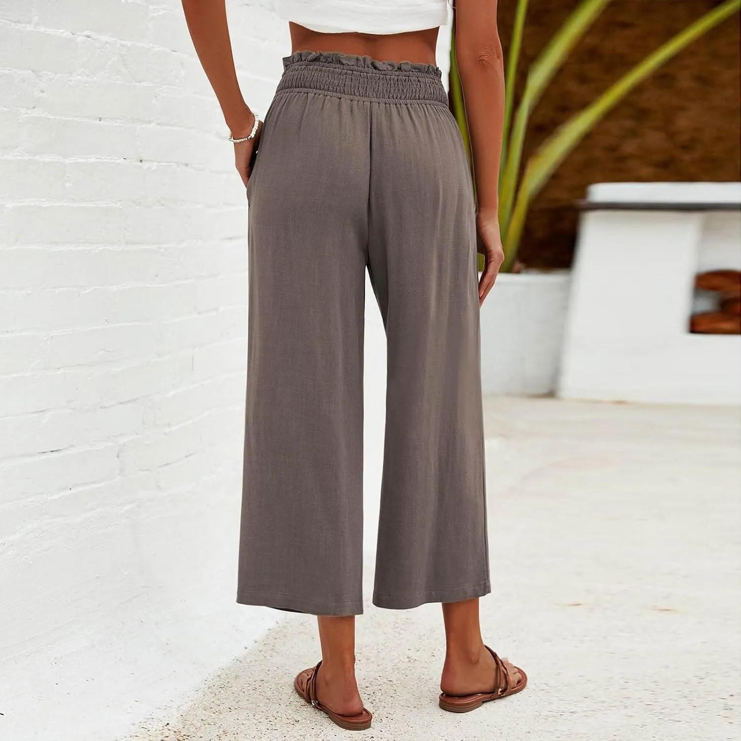 JOAU Womens Linen Pants Smocked Elastic High Waist Wide Leg Capris Pants Summer Casual Loose Beach Crop Trousers with Pockets