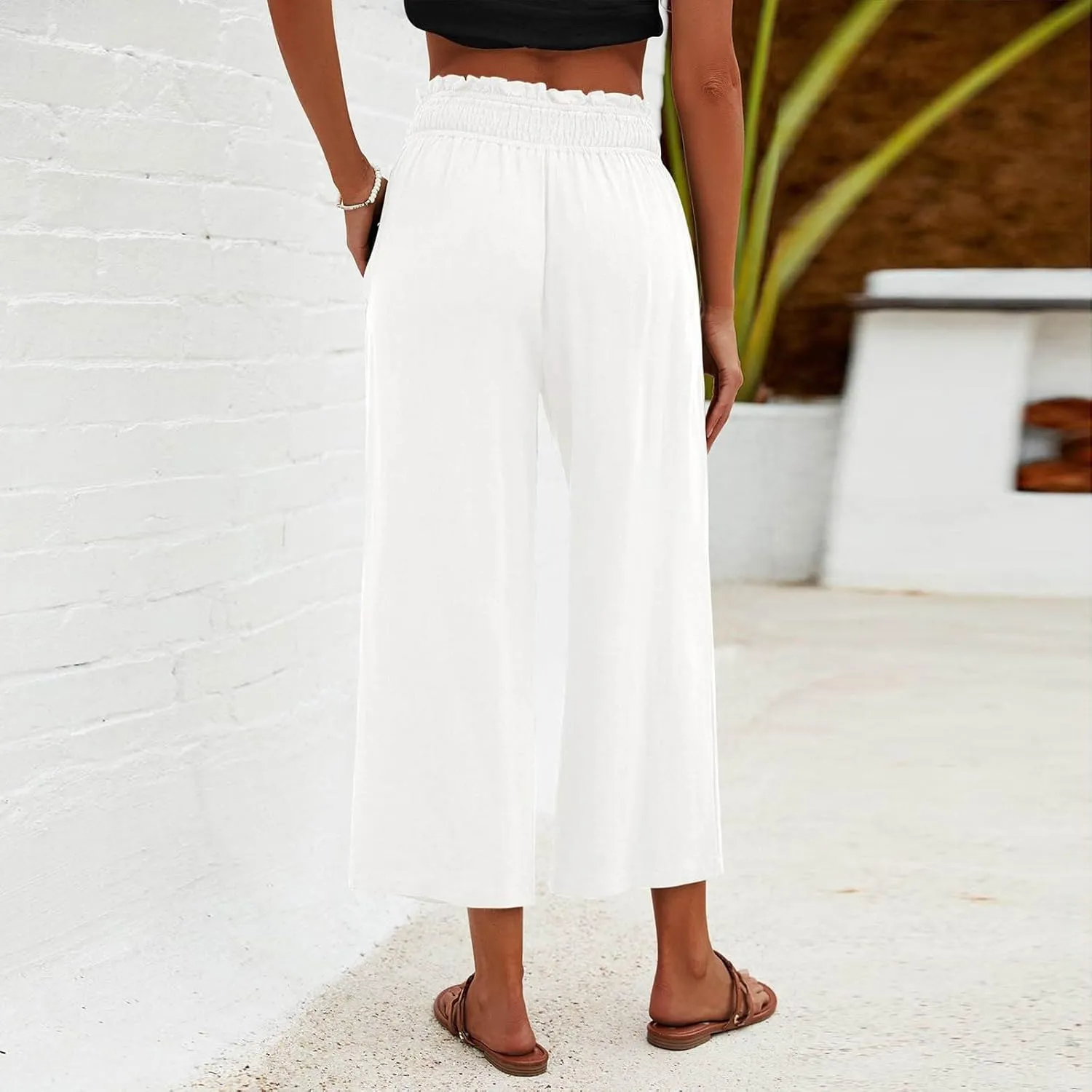 JOAU Womens Linen Pants Smocked Elastic High Waist Wide Leg Capris Pants Summer Casual Loose Beach Crop Trousers with Pockets