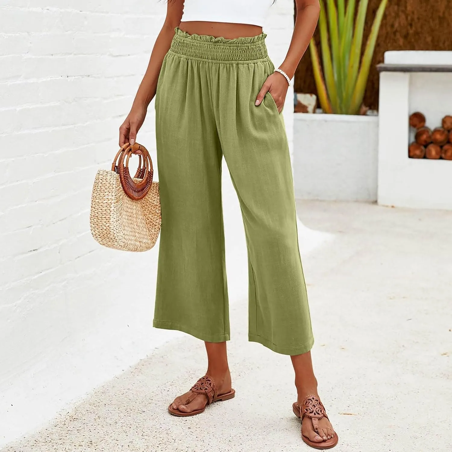 JOAU Womens Linen Pants Smocked Elastic High Waist Wide Leg Capris Pants Summer Casual Loose Beach Crop Trousers with Pockets