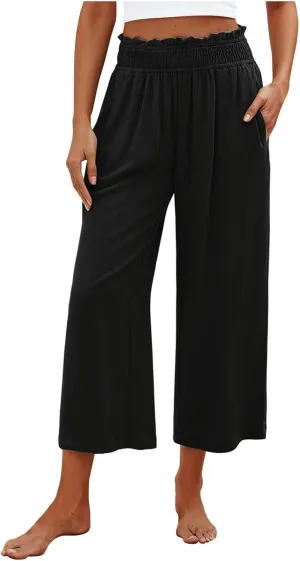 JOAU Womens Linen Pants Smocked Elastic High Waist Wide Leg Capris Pants Summer Casual Loose Beach Crop Trousers with Pockets