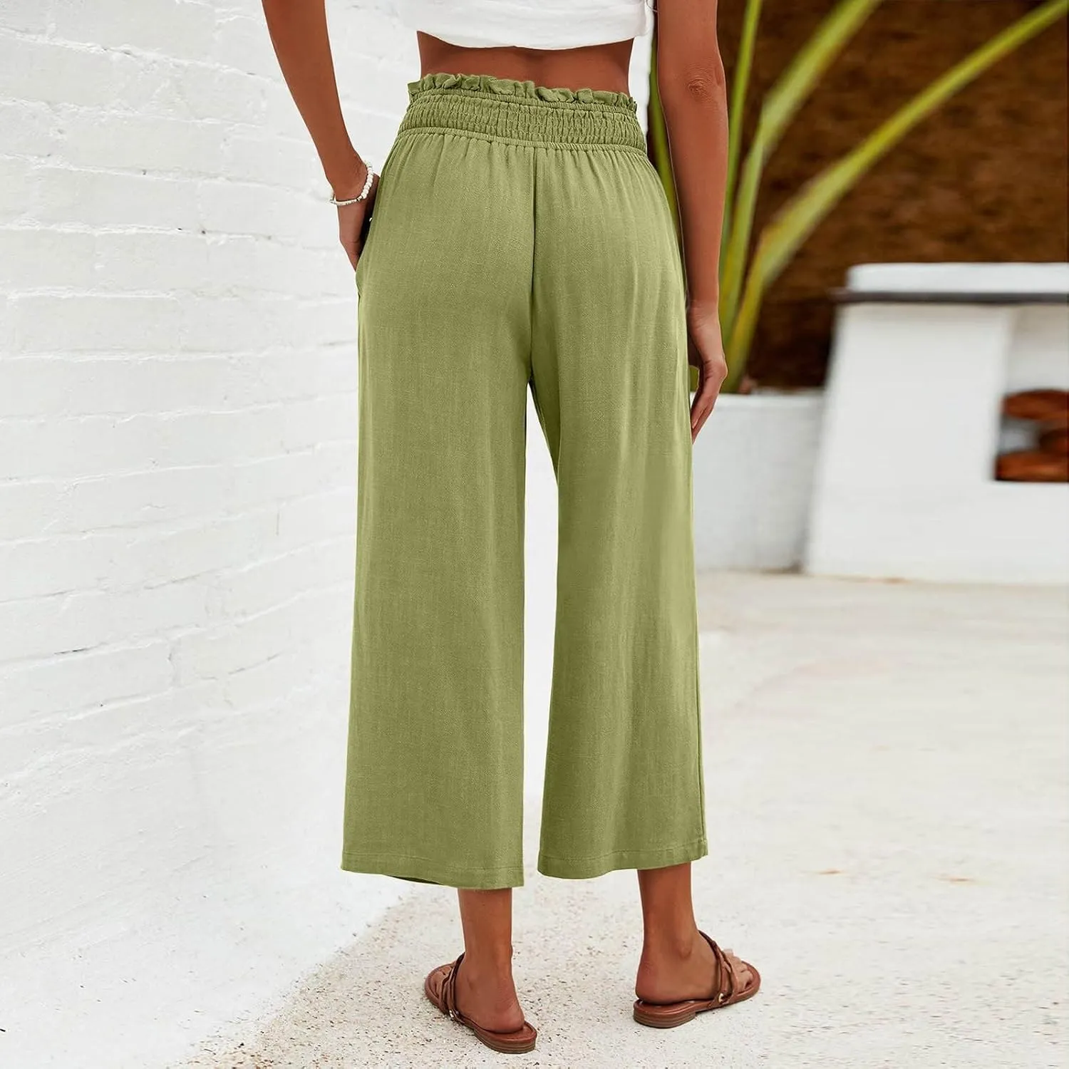 JOAU Womens Linen Pants Smocked Elastic High Waist Wide Leg Capris Pants Summer Casual Loose Beach Crop Trousers with Pockets