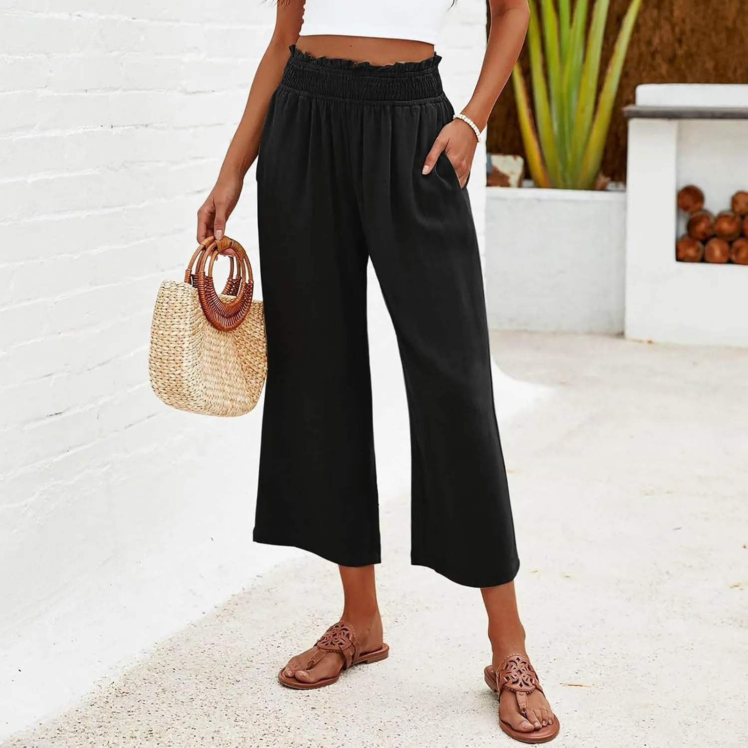 JOAU Womens Linen Pants Smocked Elastic High Waist Wide Leg Capris Pants Summer Casual Loose Beach Crop Trousers with Pockets