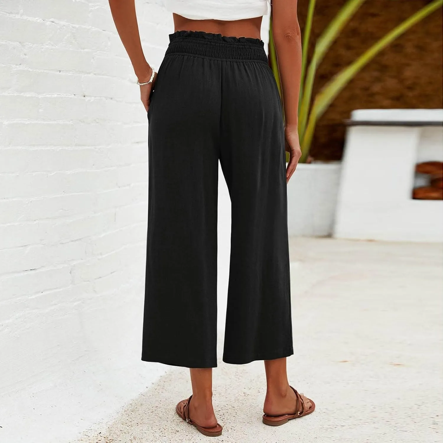 JOAU Womens Linen Pants Smocked Elastic High Waist Wide Leg Capris Pants Summer Casual Loose Beach Crop Trousers with Pockets