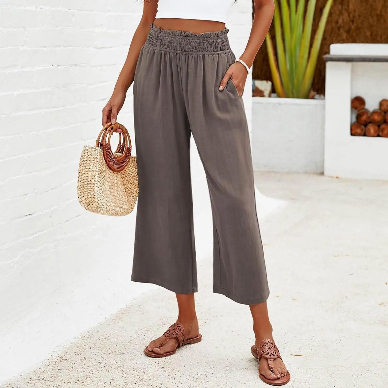JOAU Womens Linen Pants Smocked Elastic High Waist Wide Leg Capris Pants Summer Casual Loose Beach Crop Trousers with Pockets