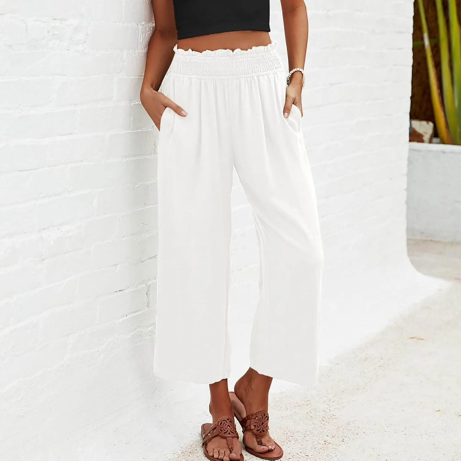 JOAU Womens Linen Pants Smocked Elastic High Waist Wide Leg Capris Pants Summer Casual Loose Beach Crop Trousers with Pockets