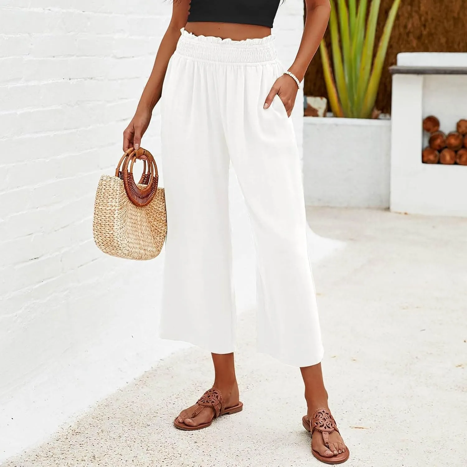 JOAU Womens Linen Pants Smocked Elastic High Waist Wide Leg Capris Pants Summer Casual Loose Beach Crop Trousers with Pockets