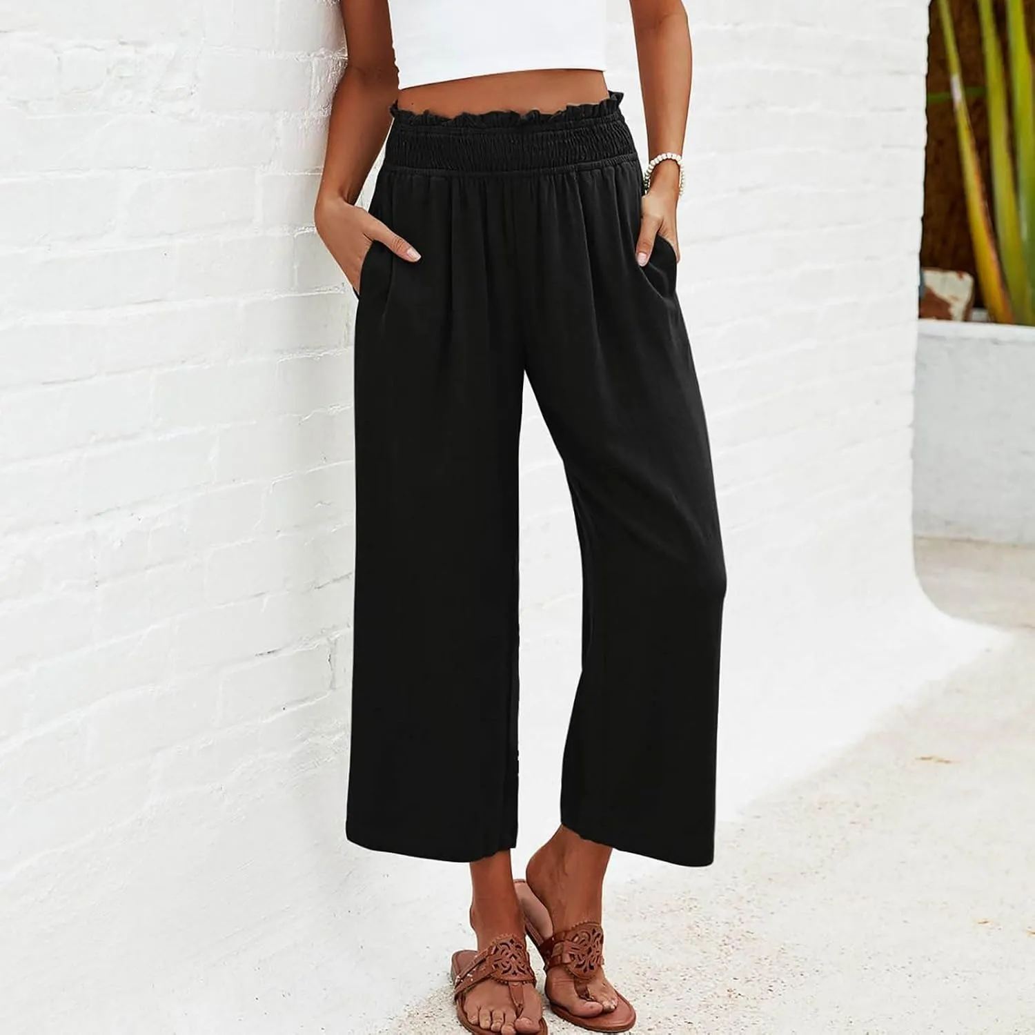 JOAU Womens Linen Pants Smocked Elastic High Waist Wide Leg Capris Pants Summer Casual Loose Beach Crop Trousers with Pockets