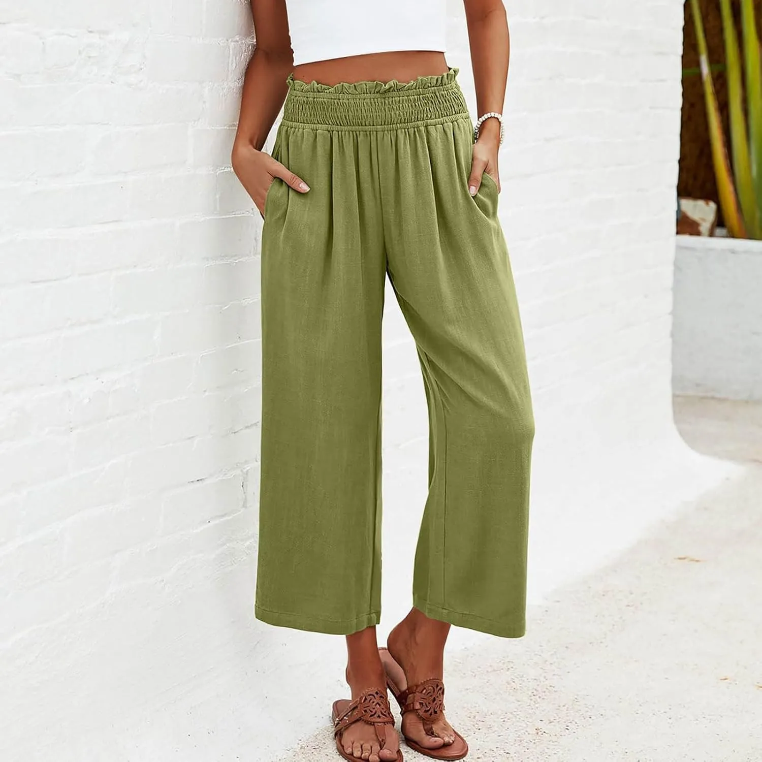 JOAU Womens Linen Pants Smocked Elastic High Waist Wide Leg Capris Pants Summer Casual Loose Beach Crop Trousers with Pockets