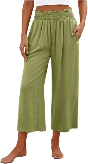 JOAU Womens Linen Pants Smocked Elastic High Waist Wide Leg Capris Pants Summer Casual Loose Beach Crop Trousers with Pockets
