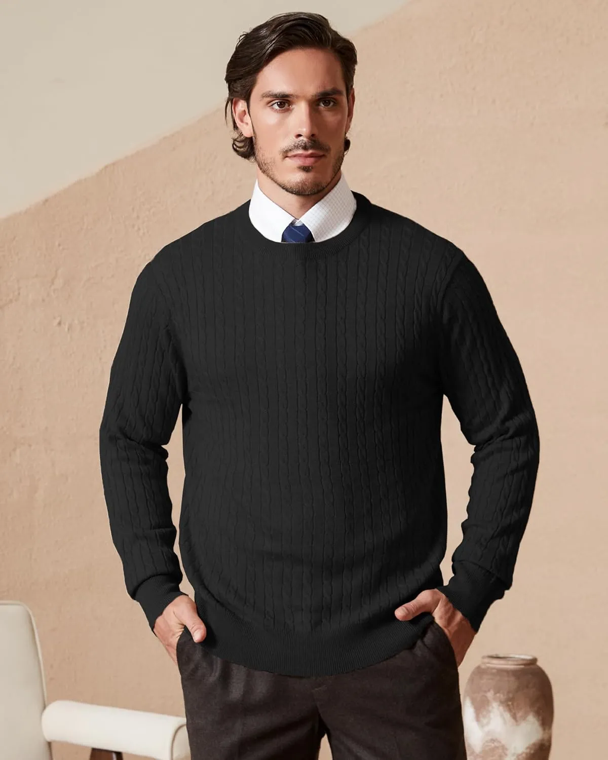 Kallspin Men's Cable Knit Crewneck Sweater Pullovers Wool Blend Relax Fit Knitwear