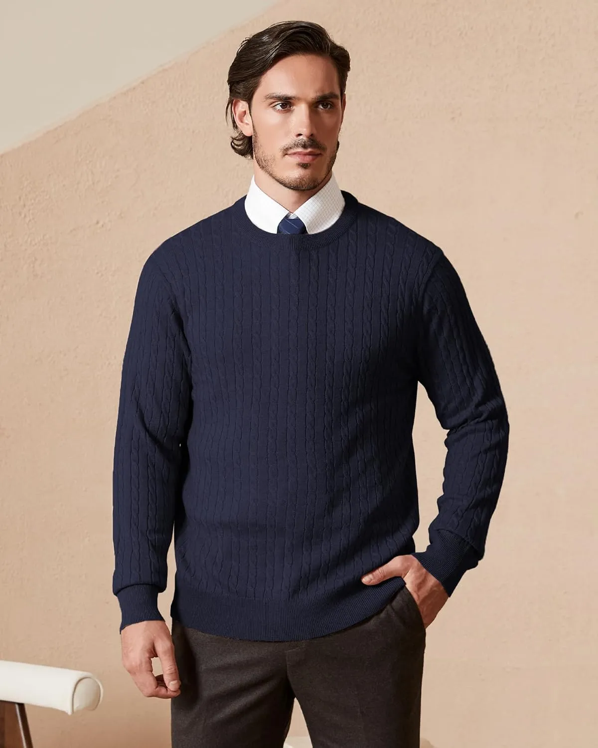 Kallspin Men's Cable Knit Crewneck Sweater Pullovers Wool Blend Relax Fit Knitwear