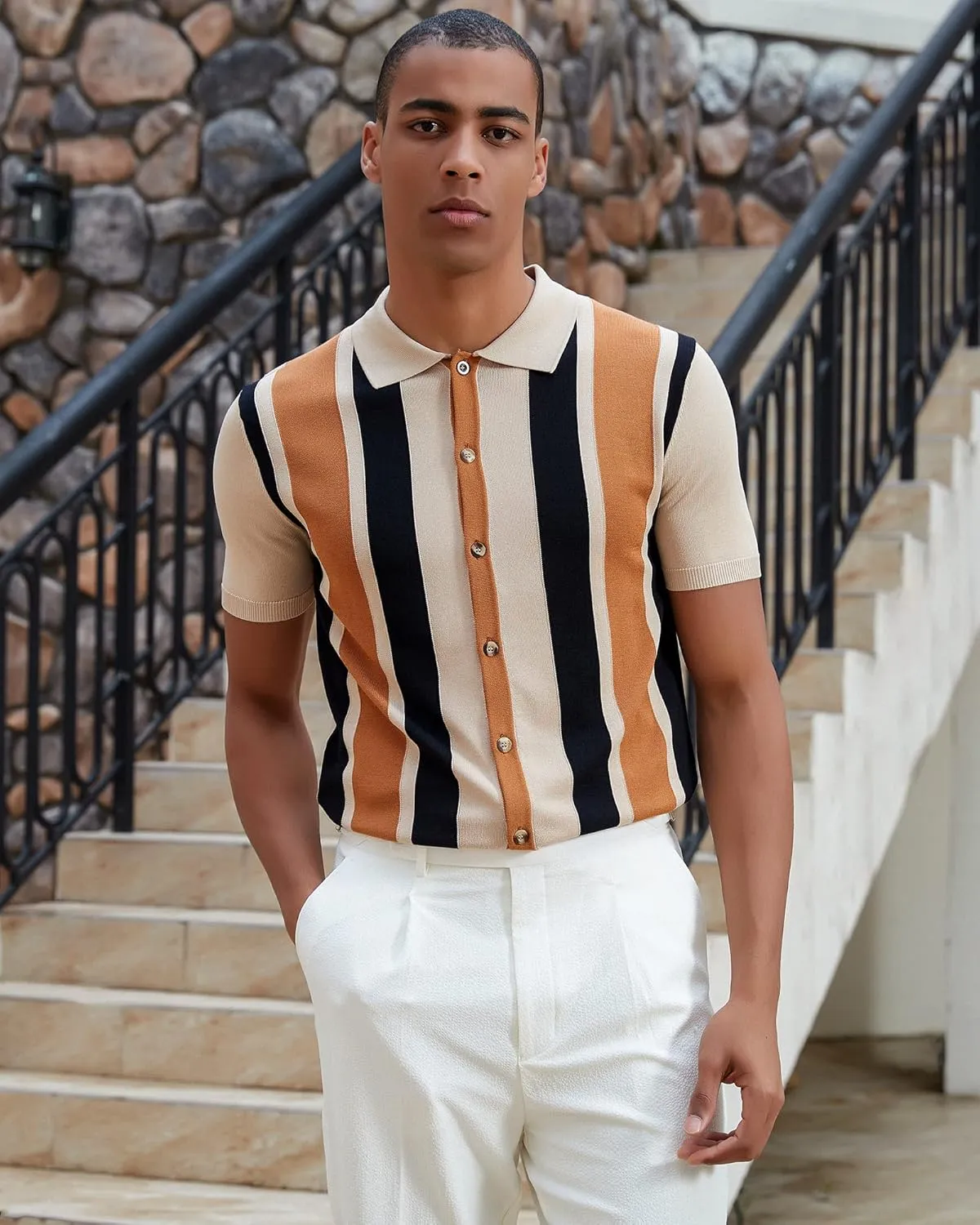 Kallspin Men's Vintage Knit Polo Shirt Short Sleeve Striped Button Down Knitting Golf Shirts
