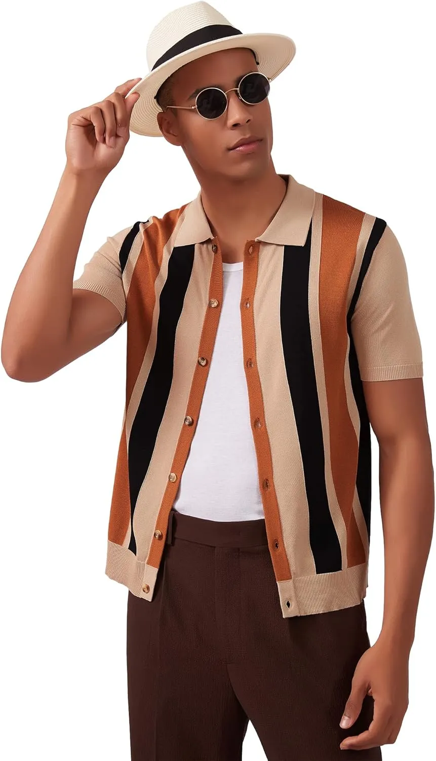 Kallspin Men's Vintage Knit Polo Shirt Short Sleeve Striped Button Down Knitting Golf Shirts