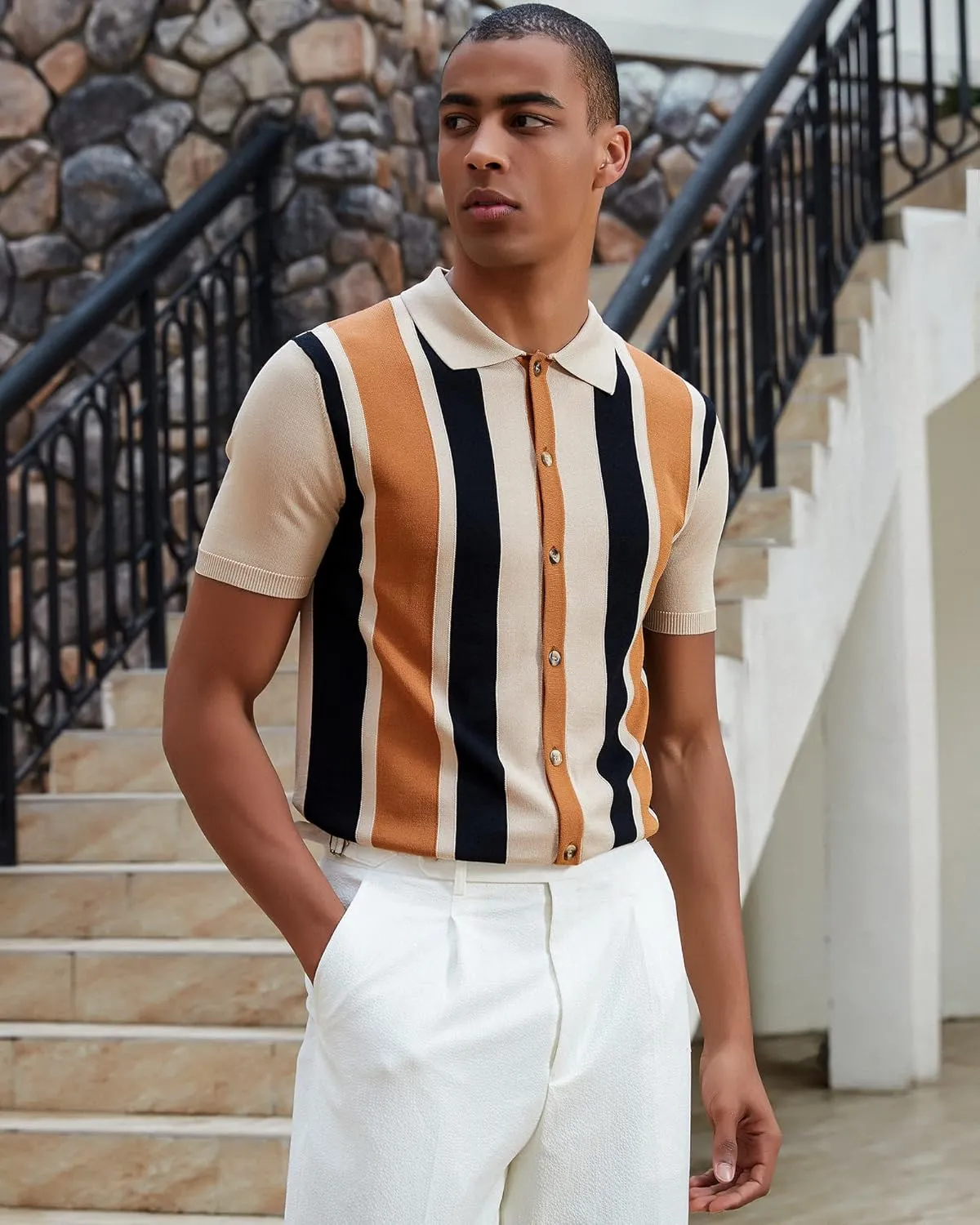 Kallspin Men's Vintage Knit Polo Shirt Short Sleeve Striped Button Down Knitting Golf Shirts