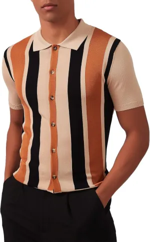 Kallspin Men's Vintage Knit Polo Shirt Short Sleeve Striped Button Down Knitting Golf Shirts