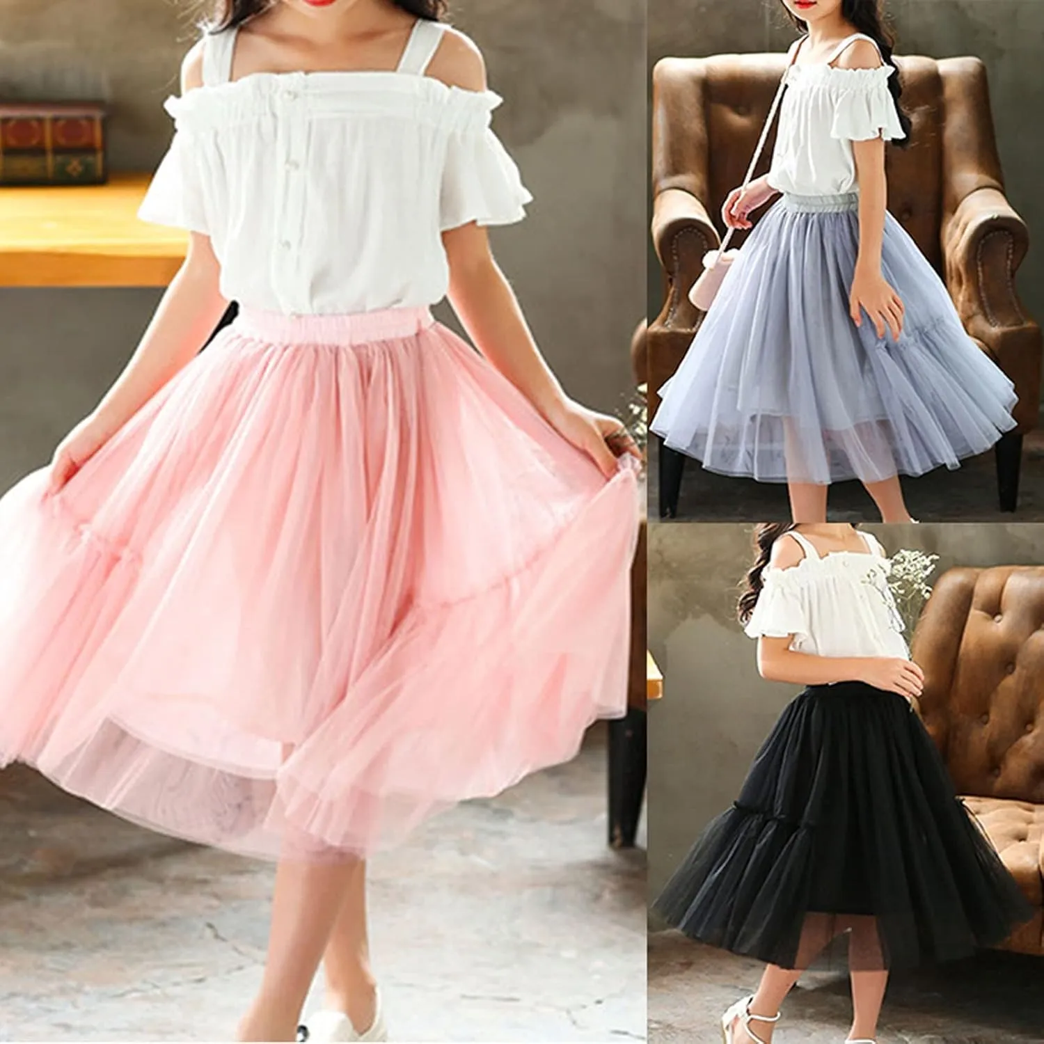 Kids Girls Chain Dresses Little Child Girls Long Skirt Girls Tiered Ruffle Maxi Skirts Girls Soft Fluffy Skirt