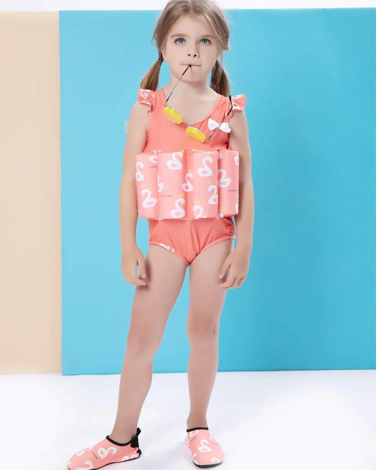 Kids Girls Float Suit with Adjustable Buoyancy Bars Baby Swim Vest for 1-10 Years One-Piece Toddler Swimsuits Quick Dry Girls Bathing Suit with Arm Floaties Floatation Suit Swimwear for Sea Beach Pool