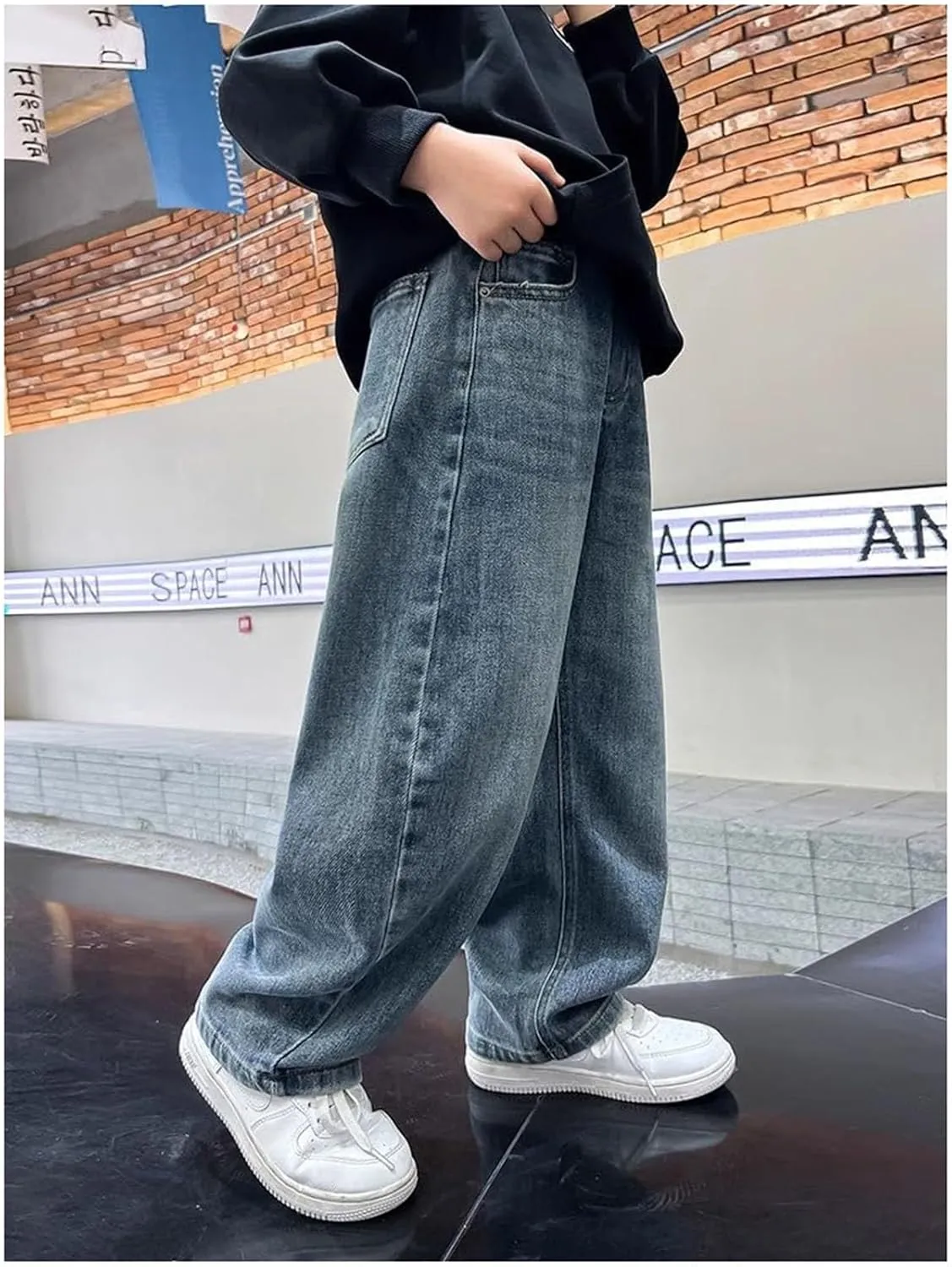 Kids Teen Boys Baggy Jeans Casual Straight Wide Leg Jeans Y2K Loose Elastic Waist Denim Pants Trousers with Pockets