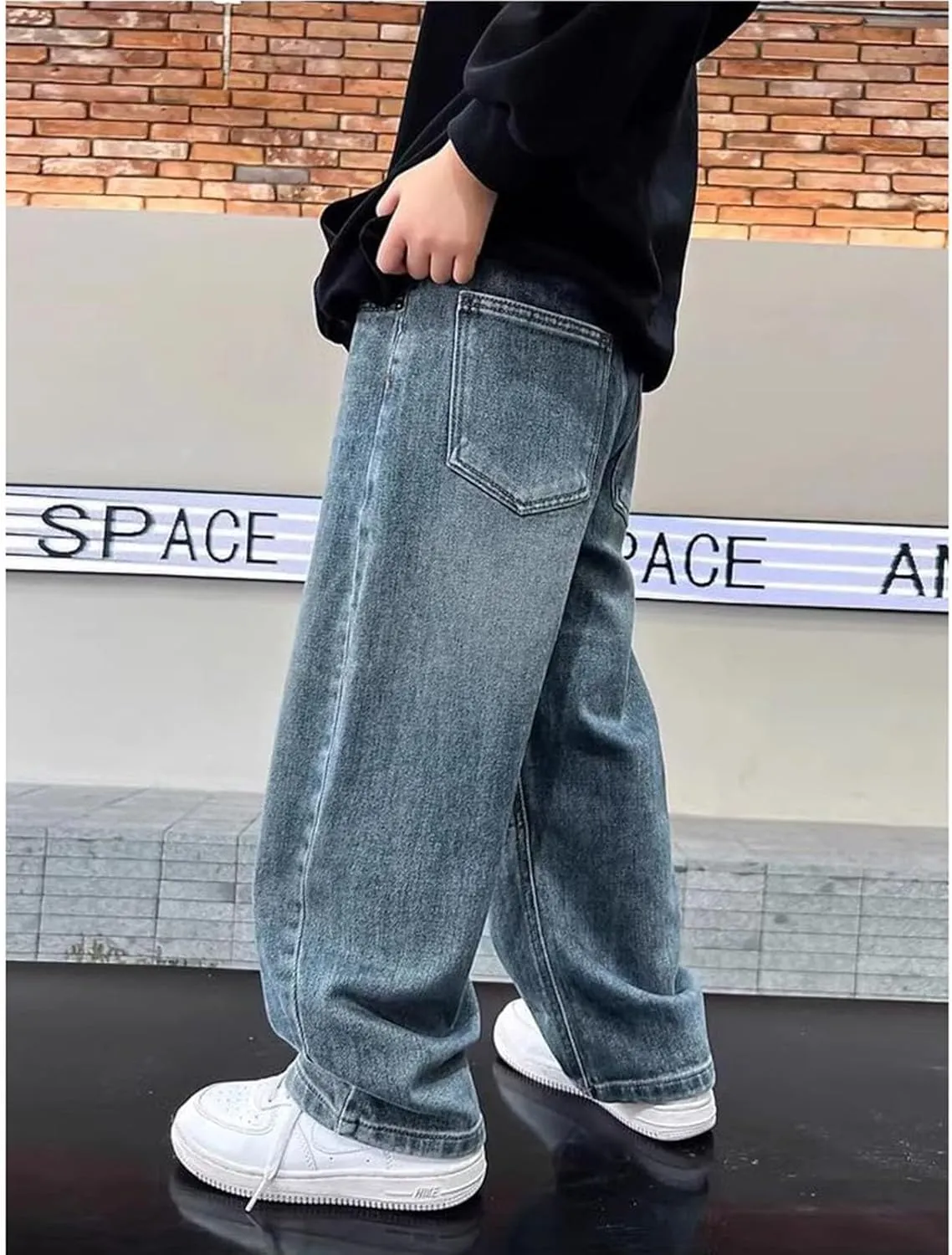Kids Teen Boys Baggy Jeans Casual Straight Wide Leg Jeans Y2K Loose Elastic Waist Denim Pants Trousers with Pockets