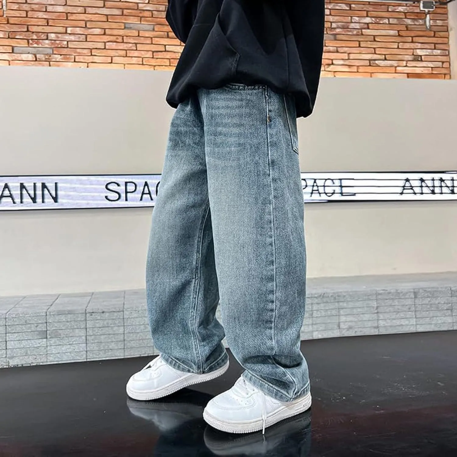 Kids Teen Boys Baggy Jeans Casual Straight Wide Leg Jeans Y2K Loose Elastic Waist Denim Pants Trousers with Pockets