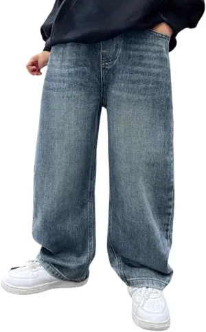Kids Teen Boys Baggy Jeans Casual Straight Wide Leg Jeans Y2K Loose Elastic Waist Denim Pants Trousers with Pockets