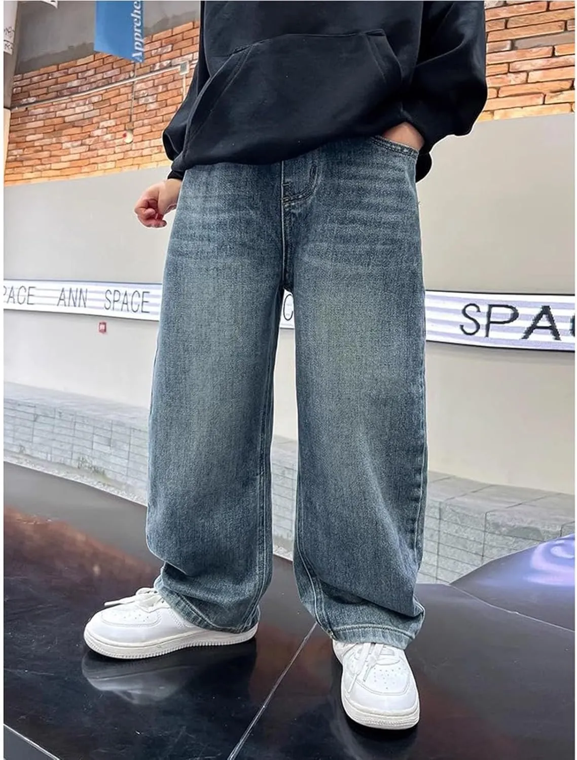 Kids Teen Boys Baggy Jeans Casual Straight Wide Leg Jeans Y2K Loose Elastic Waist Denim Pants Trousers with Pockets