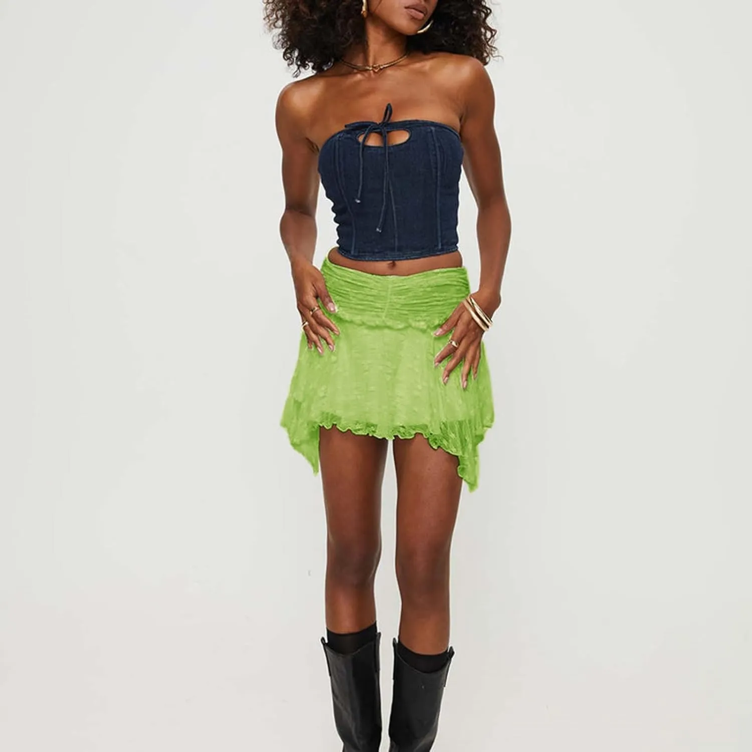 KOSUSANILL Ruffle Lace Mini Skirt for Women Y2k Irregular Layered Low Rise Flowy Pleated Asymmetrical Hem A Line Short Skirt