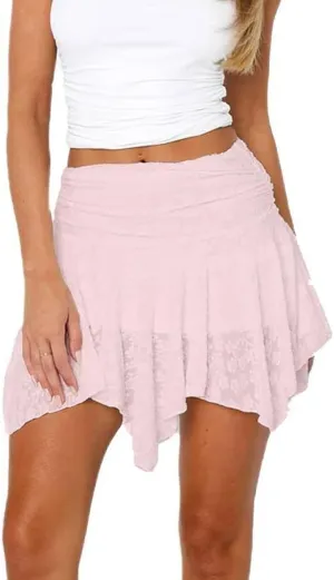 KOSUSANILL Ruffle Lace Mini Skirt for Women Y2k Irregular Layered Low Rise Flowy Pleated Asymmetrical Hem A Line Short Skirt