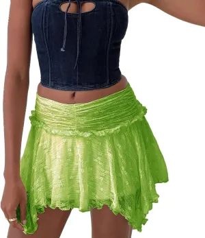 KOSUSANILL Ruffle Lace Mini Skirt for Women Y2k Irregular Layered Low Rise Flowy Pleated Asymmetrical Hem A Line Short Skirt