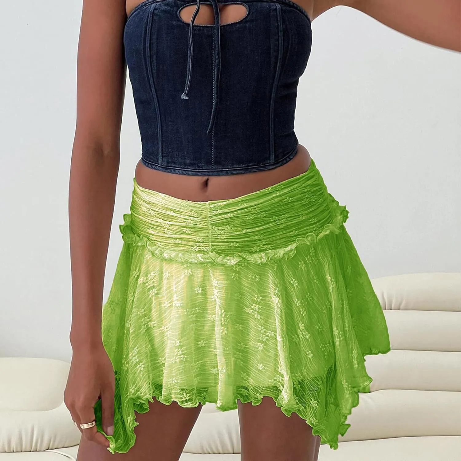 KOSUSANILL Ruffle Lace Mini Skirt for Women Y2k Irregular Layered Low Rise Flowy Pleated Asymmetrical Hem A Line Short Skirt