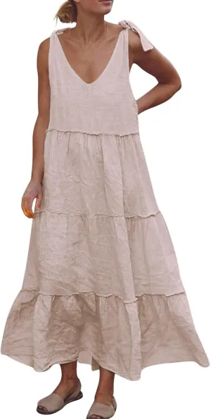 Ladies Sleeveless Summer Dresses V Neck Comfortable Soft Tiered Breathable Beachwear Maxi Style Straps Vacation Dress