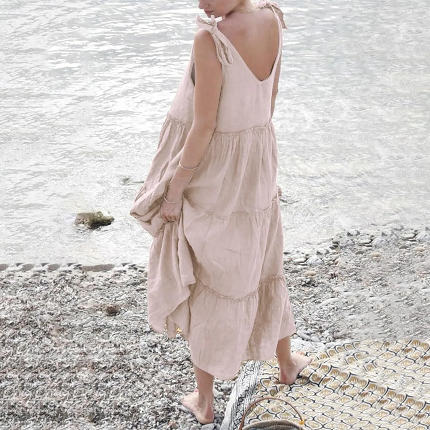 Ladies Sleeveless Summer Dresses V Neck Comfortable Soft Tiered Breathable Beachwear Maxi Style Straps Vacation Dress