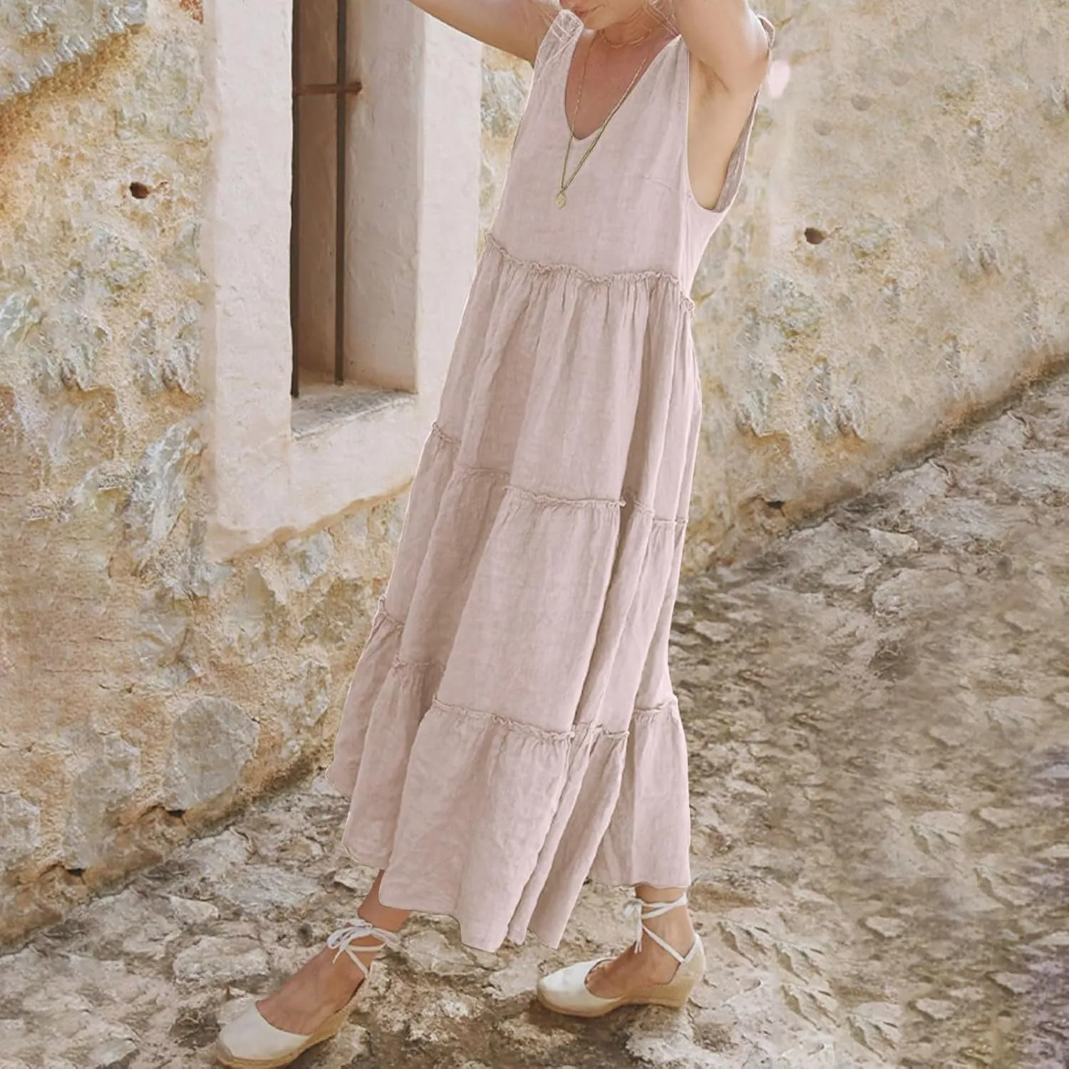 Ladies Sleeveless Summer Dresses V Neck Comfortable Soft Tiered Breathable Beachwear Maxi Style Straps Vacation Dress