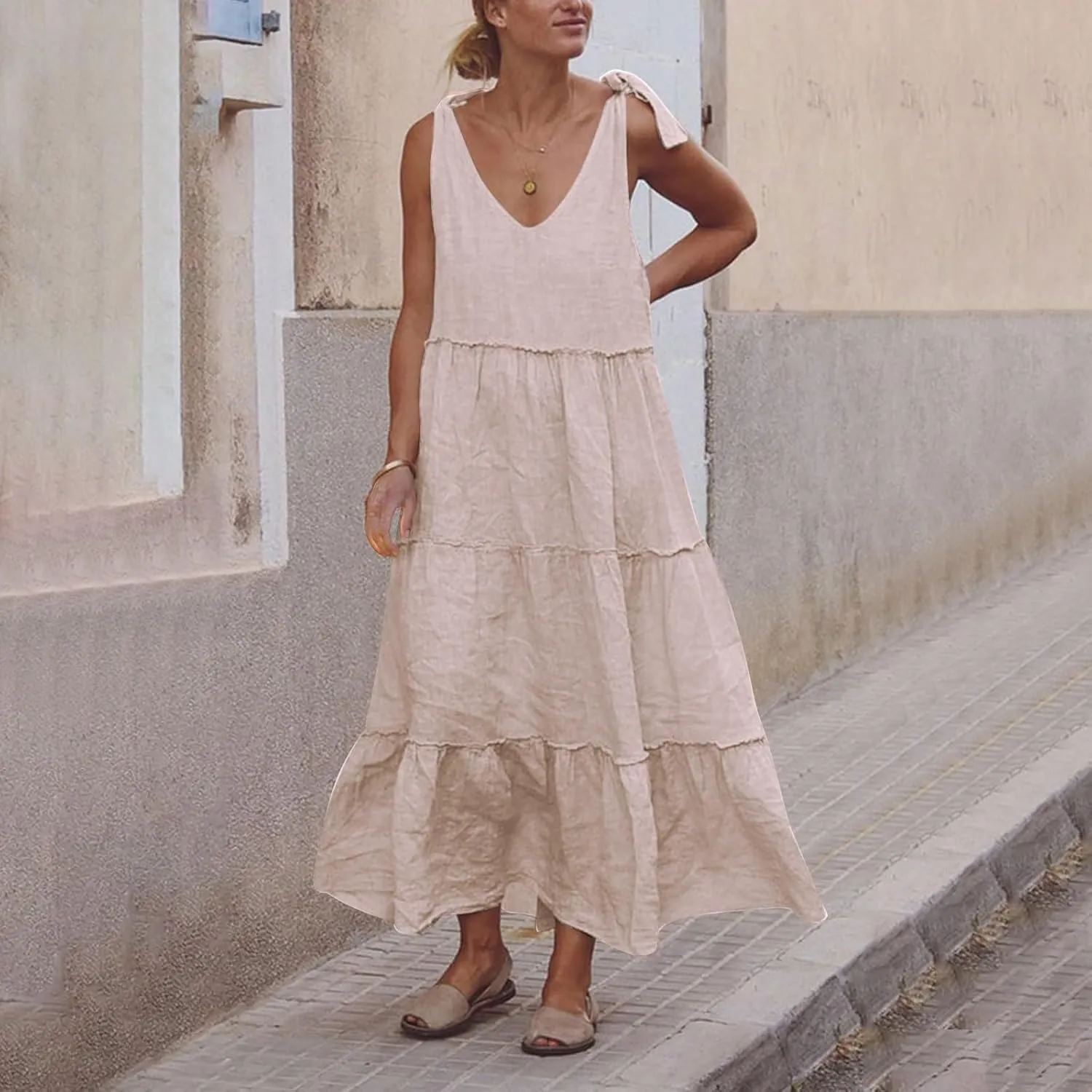 Ladies Sleeveless Summer Dresses V Neck Comfortable Soft Tiered Breathable Beachwear Maxi Style Straps Vacation Dress