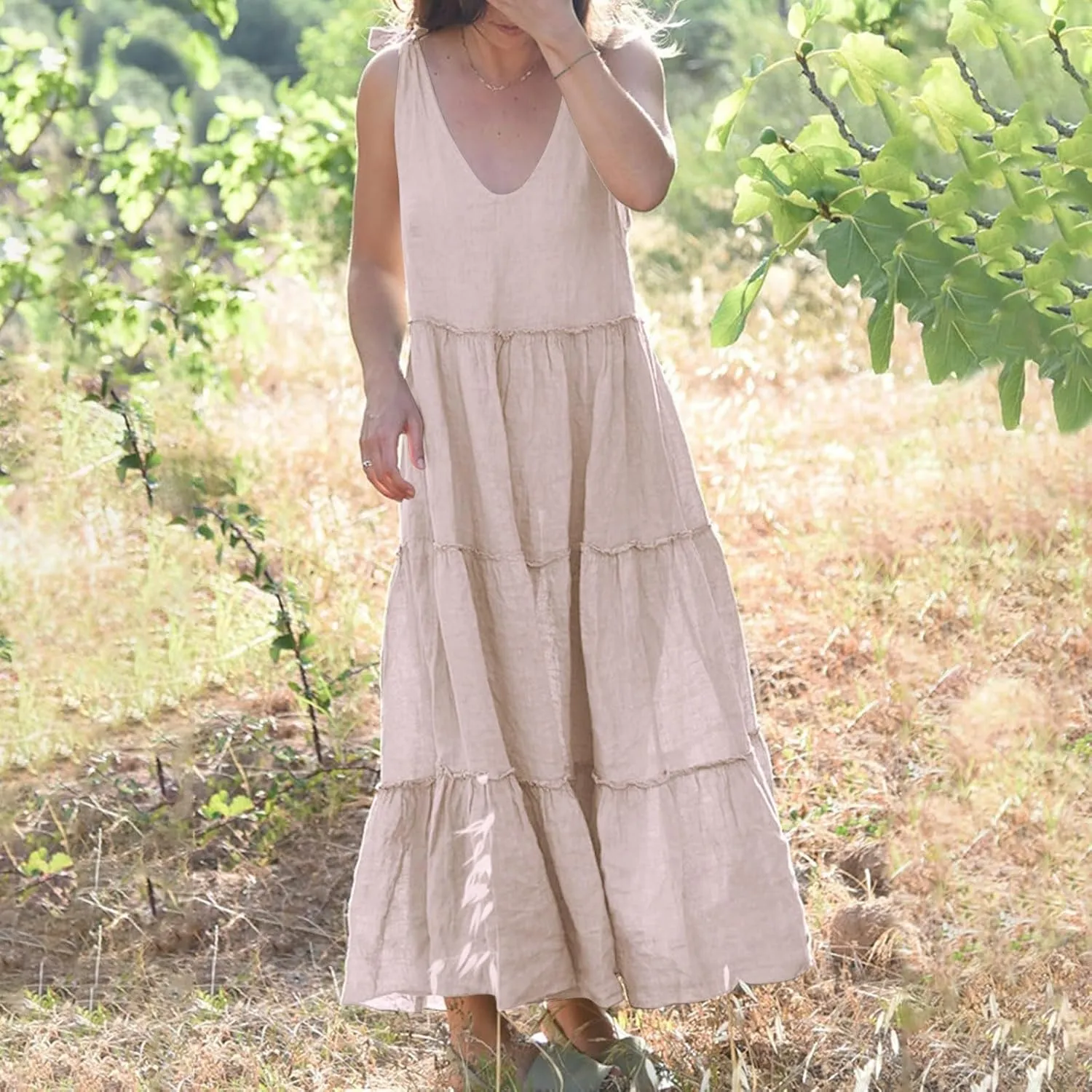 Ladies Sleeveless Summer Dresses V Neck Comfortable Soft Tiered Breathable Beachwear Maxi Style Straps Vacation Dress