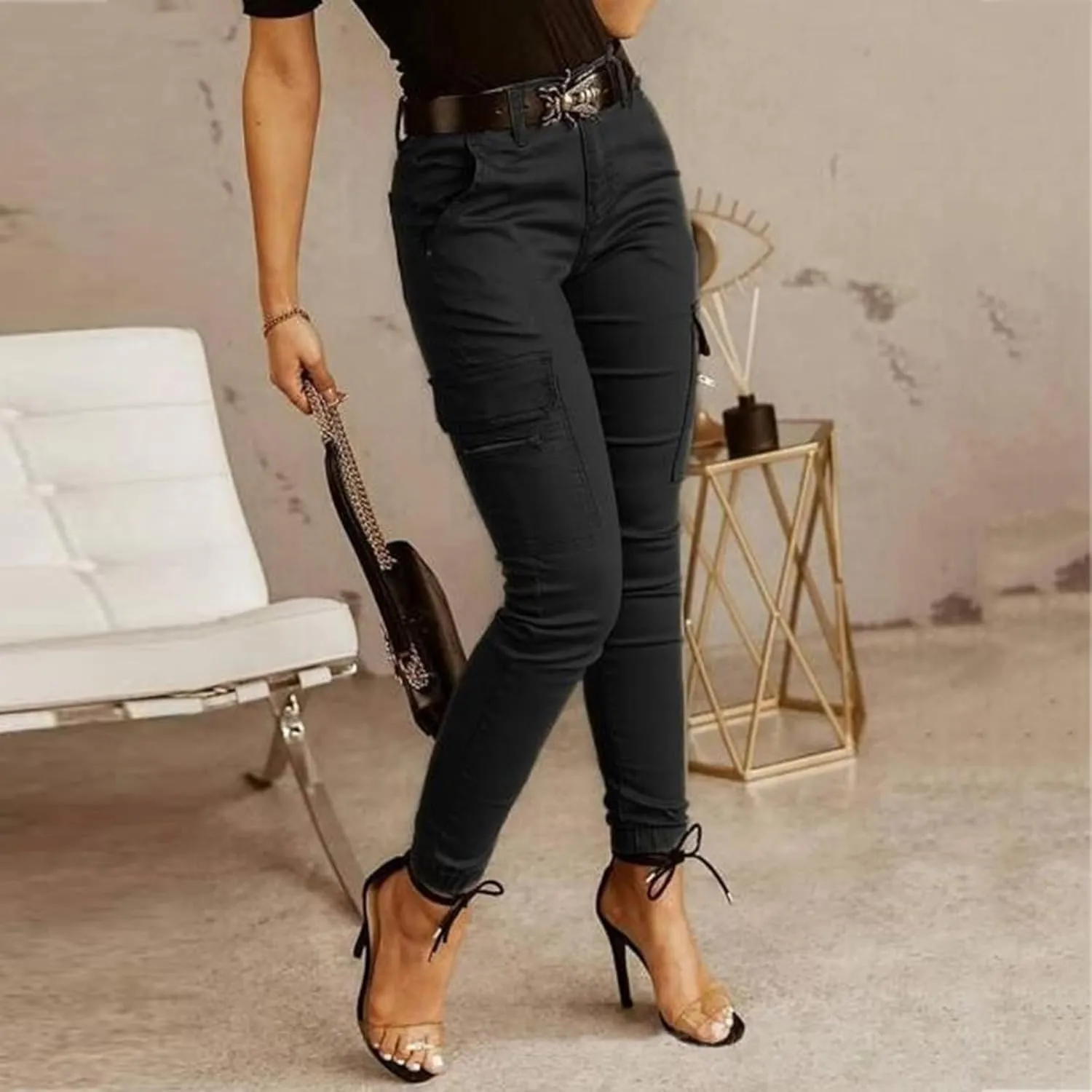 Lightweight Hiking Cargo Pants Womens Slim Fit Outdoor Solid Travel Sweatpant Jogger Elastic Waist Trouser w/Pocket