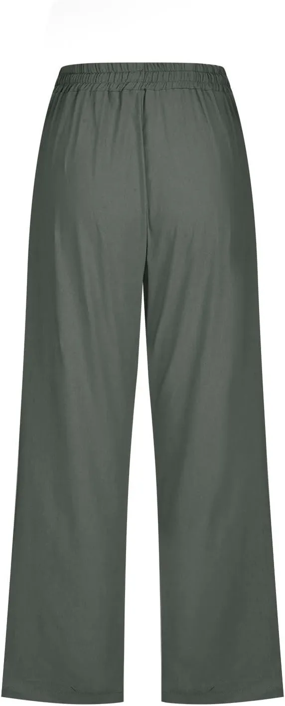 Linen Capri Pants For Women Petite Short Light Weight Casual Summer Straight Leg Cropped Trousers High Waist Pants