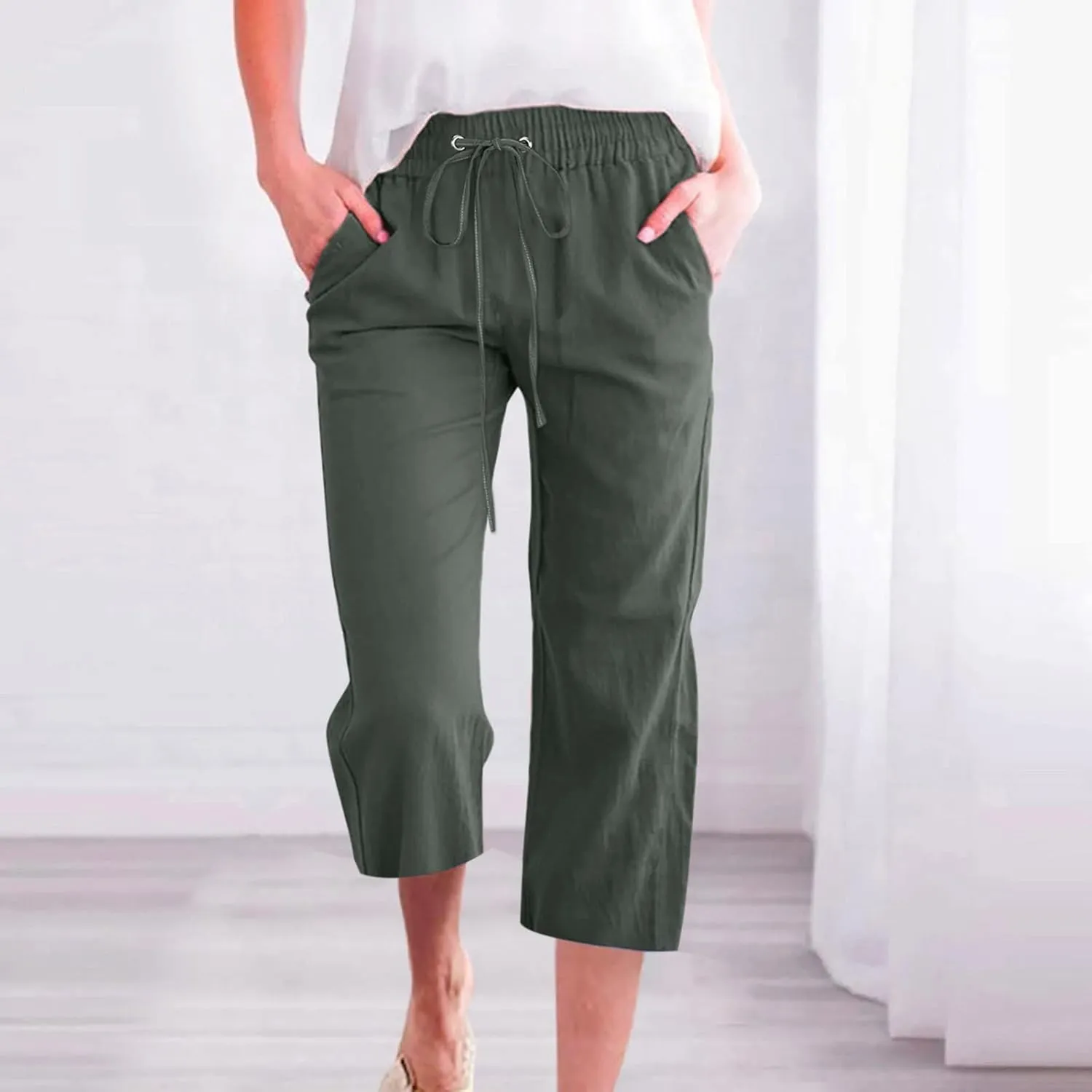 Linen Capri Pants For Women Petite Short Light Weight Casual Summer Straight Leg Cropped Trousers High Waist Pants