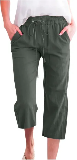 Linen Capri Pants For Women Petite Short Light Weight Casual Summer Straight Leg Cropped Trousers High Waist Pants