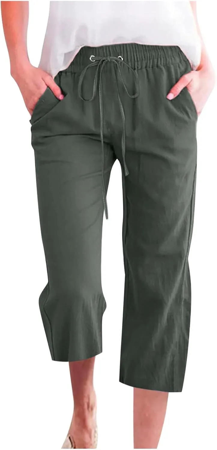 Linen Capri Pants For Women Petite Short Light Weight Casual Summer Straight Leg Cropped Trousers High Waist Pants