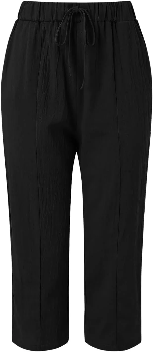 Linen Capris for Women High Waist Casual Pants Drawstring Capri Pants Comfy Cropped Pants with Pockets