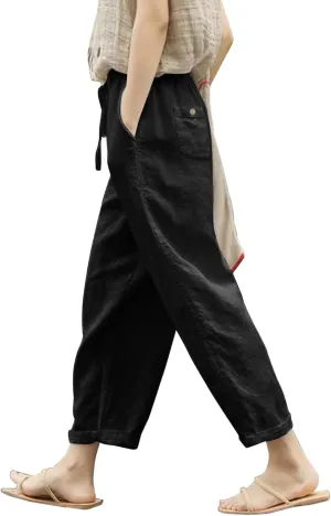 Linen Capris for Women High Waist Casual Pants Drawstring Capri Pants Comfy Cropped Pants with Pockets