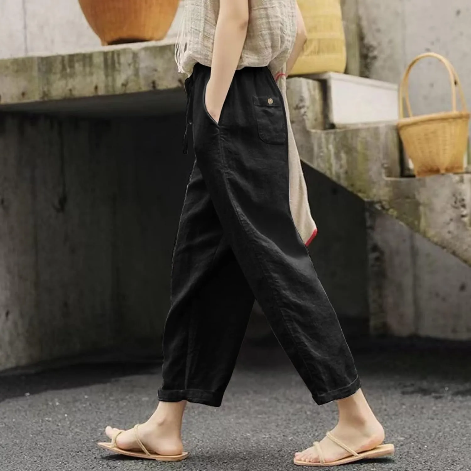 Linen Capris for Women High Waist Casual Pants Drawstring Capri Pants Comfy Cropped Pants with Pockets
