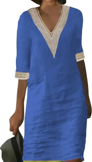 Linen Dresses for Women 2024 Summer 3/4 Sleeve Lace Embroidered V Neck A Line Dress Sexy Beach Vacation T Shirt Dress