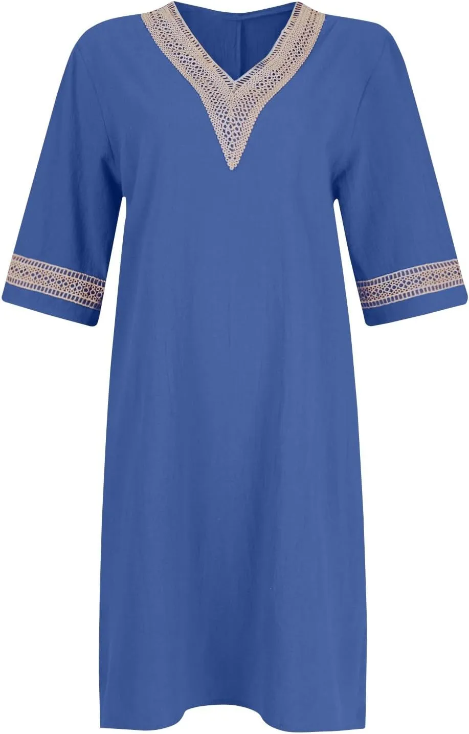 Linen Dresses for Women 2024 Summer 3/4 Sleeve Lace Embroidered V Neck A Line Dress Sexy Beach Vacation T Shirt Dress